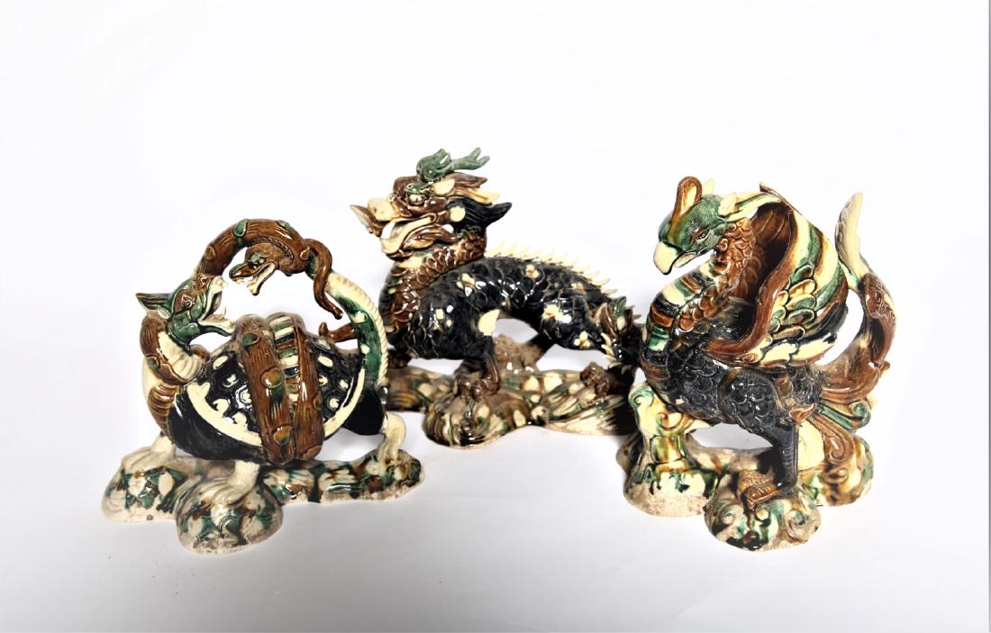 Set of 3 Chinese Tomb Guardian Symbols: Set of 3 Chinese Tomb Guardian Symbols Black turtle, (Ming Sancai) Vermilion Bird (Ming Sancai) Azure Dragon (Ming Sancai) Late Ming or early Qing Dynasty