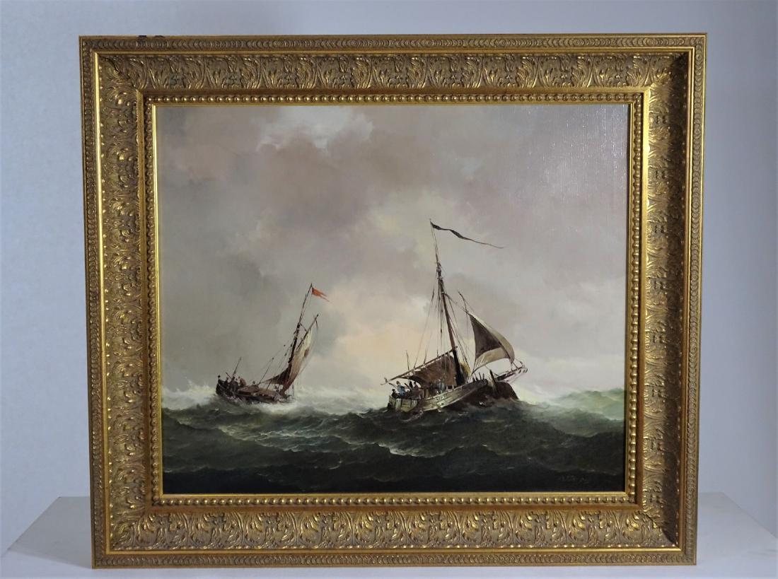 20th C. Signed, Oil on Canvas, Maritime Scene: 20th C. Signed, Oil on Canvas, Maritime Scene depicting two sail boat in rough waters, Gilt Frame. Sight Size: 19 x 23 in. Overall Size: 26 x 29 1/2 in.