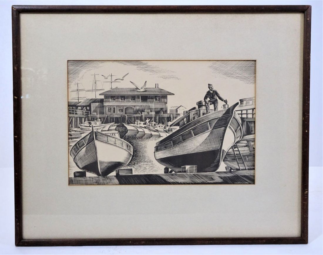 Louis Macouillard, American (1913-1987),Litho: Louis Macouillard, American (1913-1987) Lithograph. Fisherman's Wharf- San FranciscoO: 15.5": L x 13" HS:10" L x 6.5" W