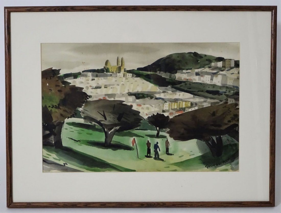 George Post (1906 - 1997) American, Watercolor: San Francisco. Harding Park Golf Course with St. Ignatius Church in the background. American. Watercolor. S: 13 1/2 x 20 1/2 in. O: 21 x 28 in. Born in Oakland, CA on Sept. 29, 1906. Post settled in S