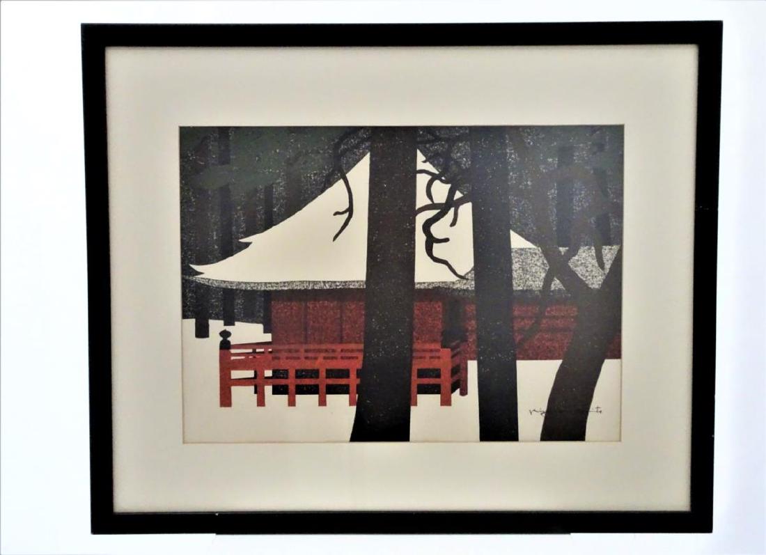 Kiyoshi Saito (1907 - 1997) Japanese, Woodcut: Japanese woodcut in colors. Titled: "Winter in Nikko" S: 14 3/4 x 20 1/4 in. O: 23 1/2 x 29 in. Japanese artist Kiyoshi Saito did not have it easy. Nature endowed him with an impulse for art and the d