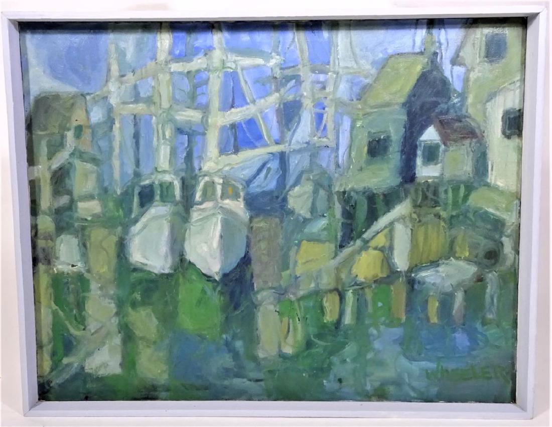 William Wheeler (born 1940) American, Oil/Canvas: California. Oil on Canvas. Harbor Scene. S: 30 x 38 in. O: 30 3/4 x 39 1/4 in. BORN: 1940 Norwalk, Connecticut. EDUCATION: 1962 B.A., Yale University, New Haven, CT Studied with Sy Silliman, Peter Bai