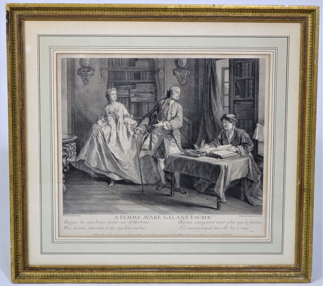 Nicolas Lancret (1690 - 1743) French, Engraving: Original Engraving. 18th C. "A Femme Avare Galant Escroc" Nicolas de Larmessin, engraver. S: 12 1/2 x 14 1/4 in. O: 19 x 20 3/4 in. Nicolas Lancret, as Antoine Watteau's poetic follower, had great adm