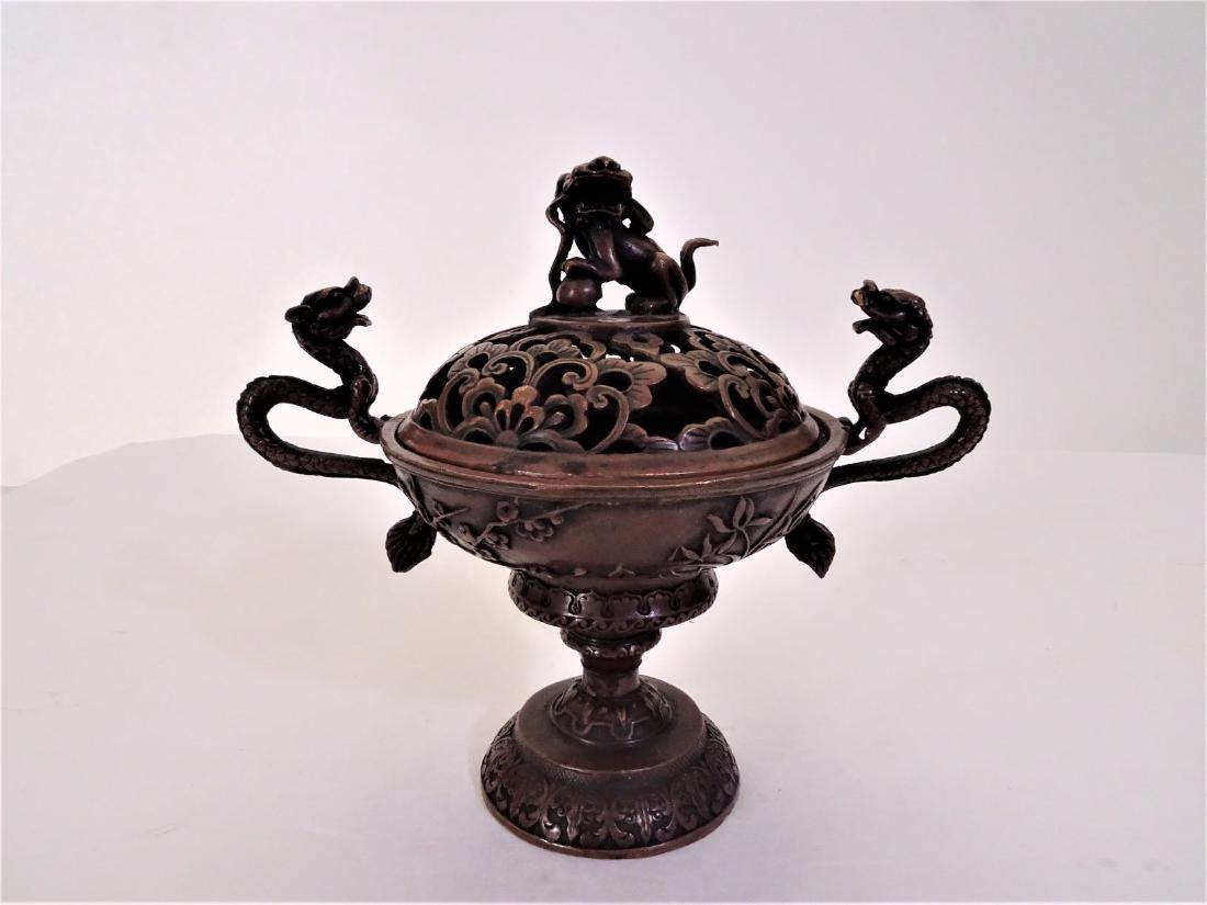 Chinese Bronze Incense Burner with Foo Dog Lid: 8 x 8 in.