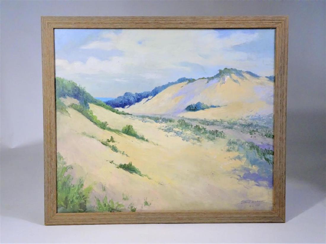 Lamont Warner (1876 - 1970) American O/C 1957: This is a framed oil on canvas by Lamont Warner. The painting features a landscape with sand dunes or rolling hills and a small body of water in the background, very similar to other paintings done by