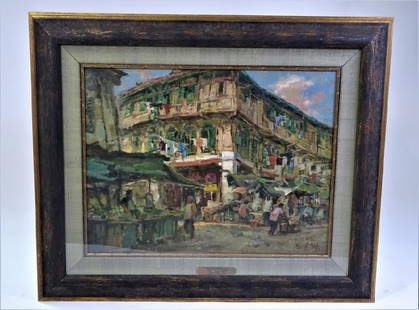 Tan Choh Tee (born 1942) Singapore, Original O/C: Tan Choh Tee (born 1942) Signed and dated bottom right and signed and titled verso, Chinatown Scene(Singapore). Depicts a view of Chinatown between Temple Street and Trengganu Street in Singapore. med