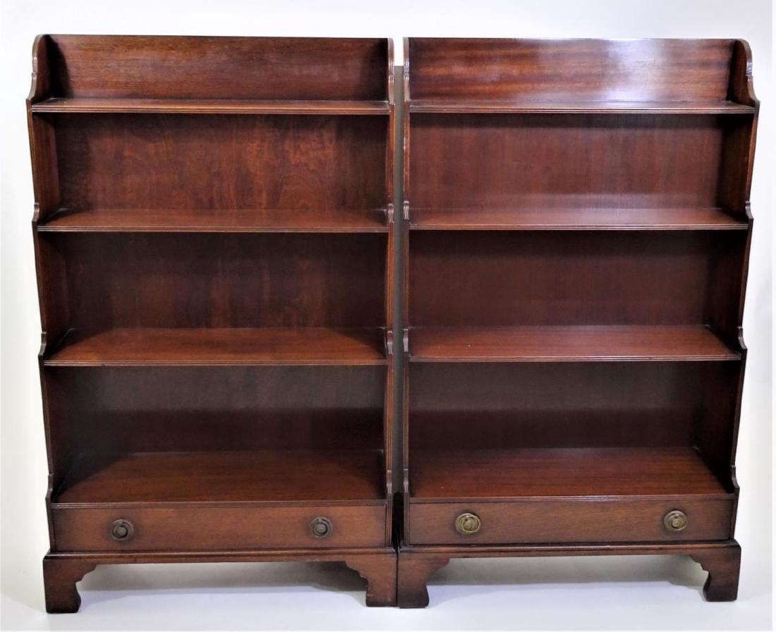 Antique Pair of Georgian Open Bookshelves: Antique Pair of Georgian Open Bookshelves each with a lower drawer. approx 1820 ca. Good with wear consistent with age and use. Size: 25 1/2 x 5 x 42 in.