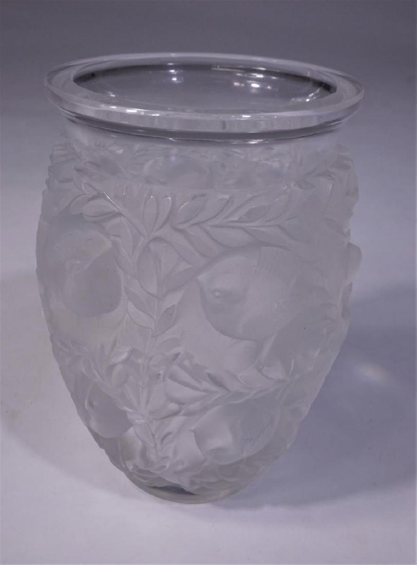Lalique France Crystal Vase "Love Birds": Attractive Lalique crystal vase entitled "Love Birds". Signed in script "Lalique France" on bottom rim. Clean, no chips, cracks or repairs. With original bill of sale from Cristal Lalique Paris, 11 Ru