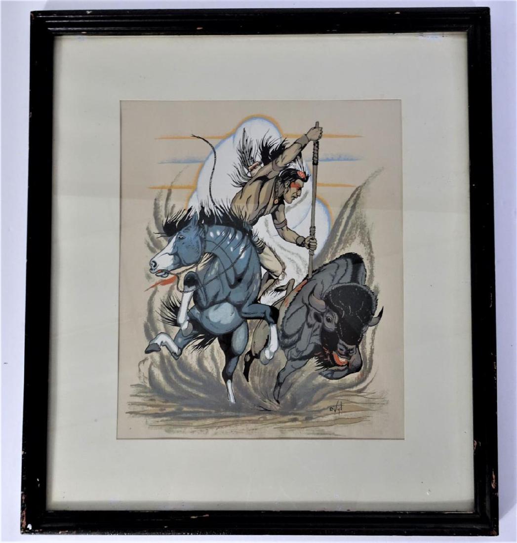Felix Vigil, Contemporary Native American: Overall: 18 x 16 in. Sight: 12 x 10 in. Signed lower right. Mixed Media. Native American Artist, Jicarilla Apache, Jemez Pueblo. "Buffalo Hunt"