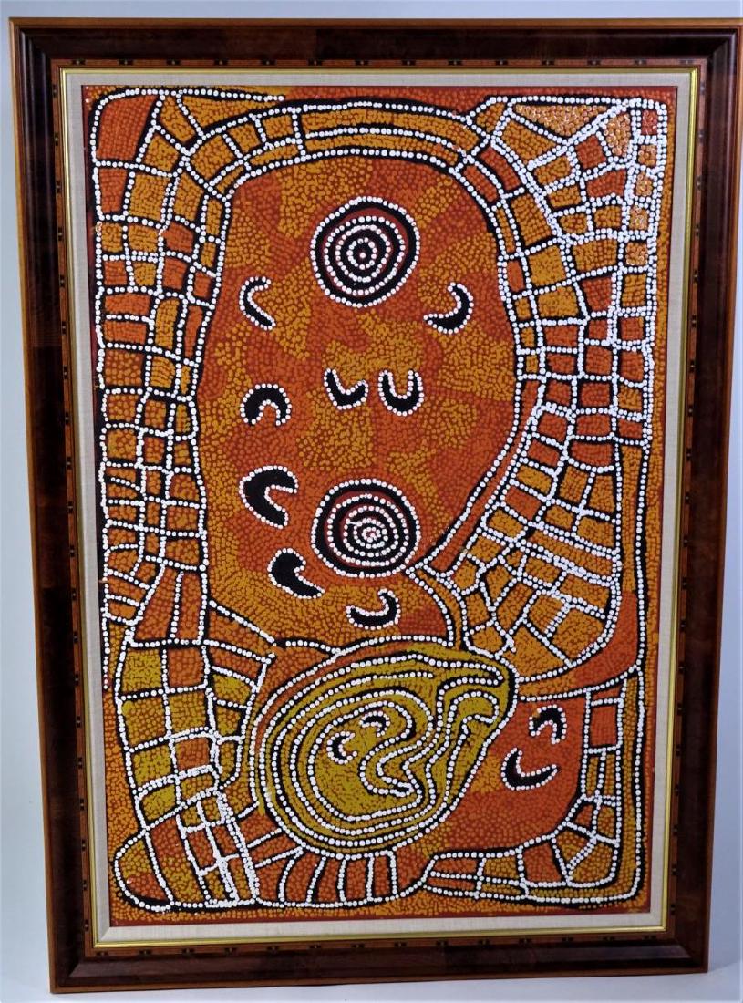 Nancy Nungurrayi (born c.1935) Aboriginal, Oil/C: Overall: 41 x 29.5 in. Sight: 36 x 24 in. This is an aboriginal oil on canvas. Nancy Nungurrayi was born at Maya, north west of Kintore around 1935. As a small child she lived with her parents at Wala