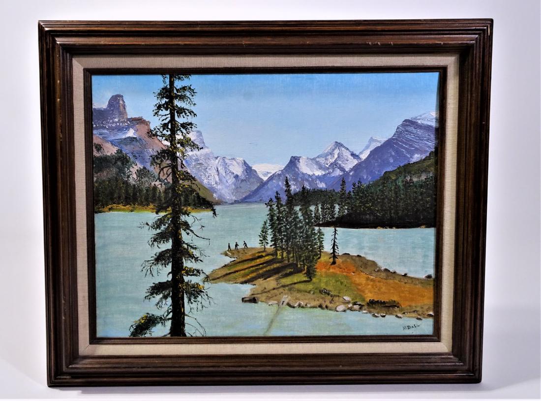Signed M. Dale Acrylic/Masonite of Lake Maligne: Overall: 19 1/4 in. Sight: 14 x 18 in. Signed lower right corner. Acrylic/Oil on masonite. Verso- 1979 Lake Maligne Alberta.