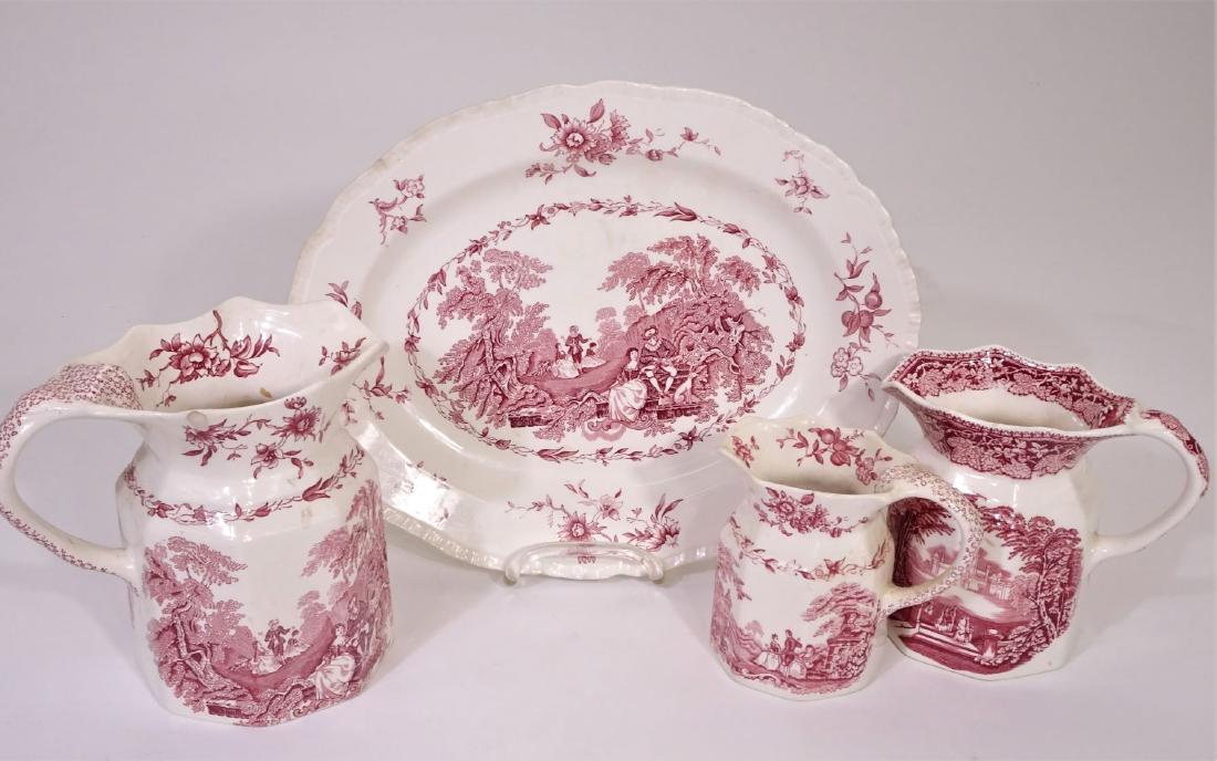 Four (4) Mason’s English Ironstone Transfer Ware: This lot consists of four pieces of Mason’s English Ironstone. One is a large 8-sided pitcher marked “Watteau” on the base, another is a mid-sized 8-sided pitcher marked “Vista” on the base,