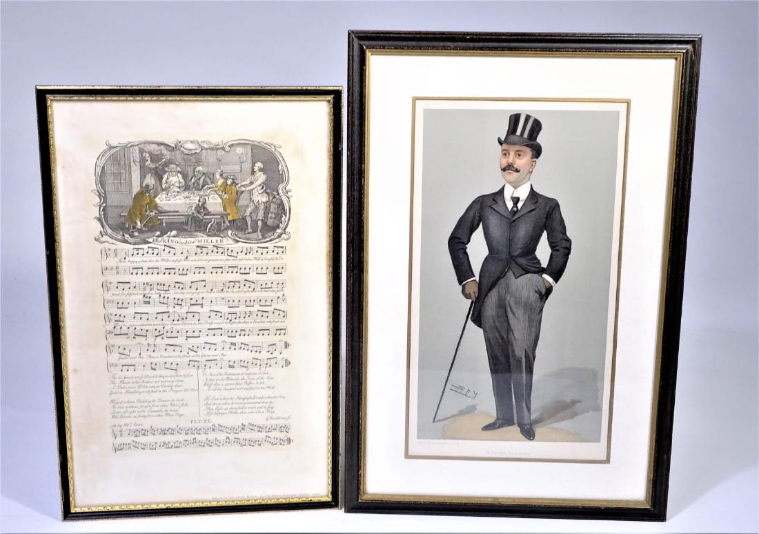 Five (5) Art Prints from the 1800s and 1900s: This lot consists of four art prints and one piece of sheet music from the late 1800's and early 1900's. One piece is a Vanity Fair caricature from the late 1800’s, entitled “A Private Secretary��