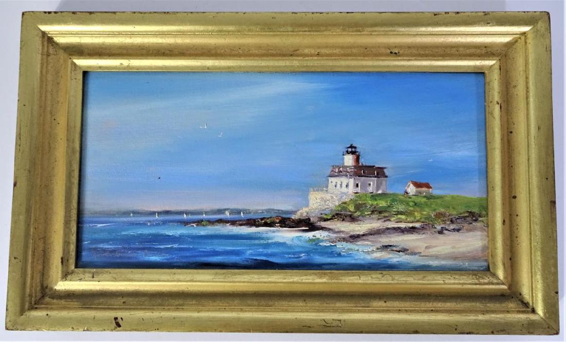 Martha Gordon Guillette Original Oil/Canvas: Overall: 12 x 20 in. Sight: 7 1/2 x 15 1/2 in. Signed lower left corner. titled and inscribed verso. American Contemporary. New Port, Rhode Island. "ROse Island Lighthouse"