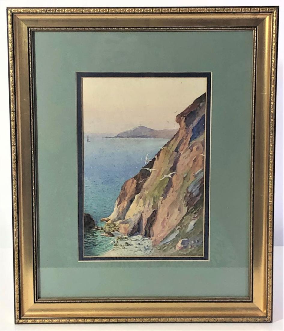 Ernest E. Clark (1870-1952) British: Overall: 17 1/4 x 24 1/4 in. Sight: 9 3/4 x 6 3/4 in. Signed lower right corner. Titled on label. "Beach and Cliff" Isle of Man (near Fleshwick, between Port Erin and Peel.) Clark was born in Derby an