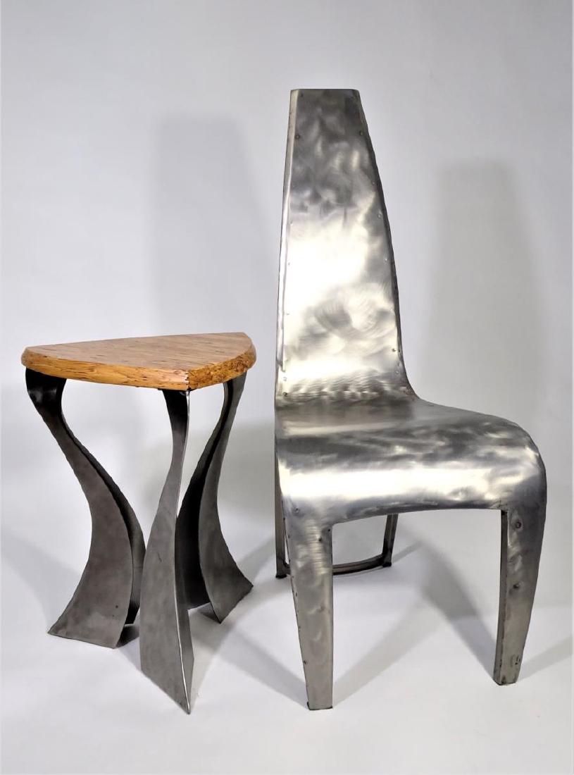 Brushed Stainless Steel Chair and Wood Side Table: This two-piece set consists of a contemporary chair and side table in an art deco style. The chair is marked "Hothouse, Made in Canada" on the underside of the seat. An attractive pair. The chair is 4