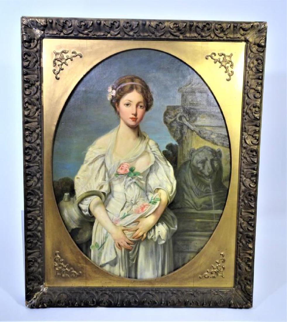 After Jean-Baptiste Greuz, Large Oil on Canvas: Signed Francis Smith and dated 1908.Large oil on canvas. Titled La Cruche Cassee after original by Jean-Baptiste Greuz, (France 1725-1805) enclosed by a painted gilt oval. Frame has losses on corners
