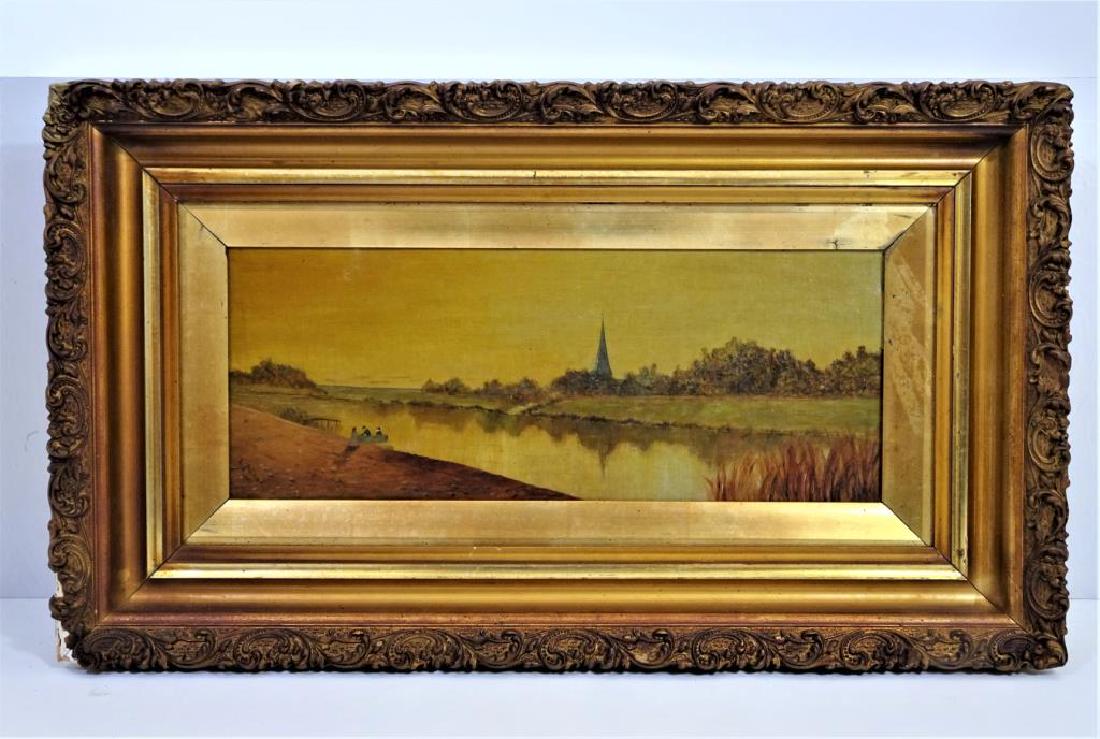 Signed L Palmer 1900, Church landscape, O/C: Signed L Palmer 1900, Church landscape, oil canvas, original gilt frame. Sight: 7 1/2 x 19 1/2 in. Overall: 16 1/2 x 28 1/2 in.