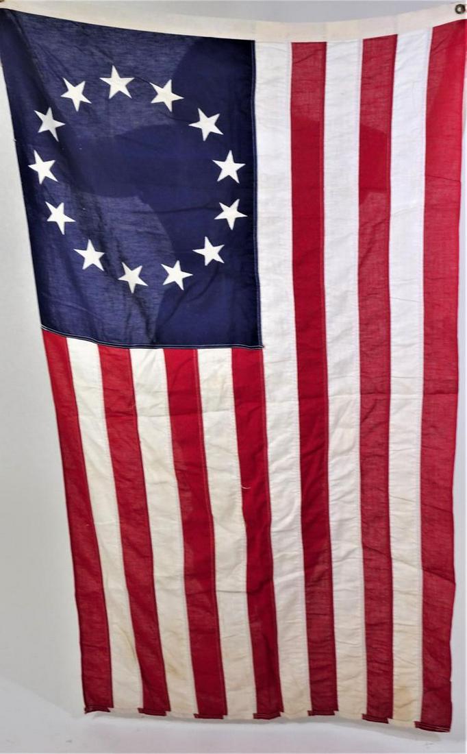 13 Star Betsy Ross American Flag: Size: 3 x 5 ft. Made by Valley Forge Flag in Spring City, PA. Please contact Eamon at Premier Shipping and Crating for a quote to pack and ship at 941-358-9999 or email at info@premiershipment.com