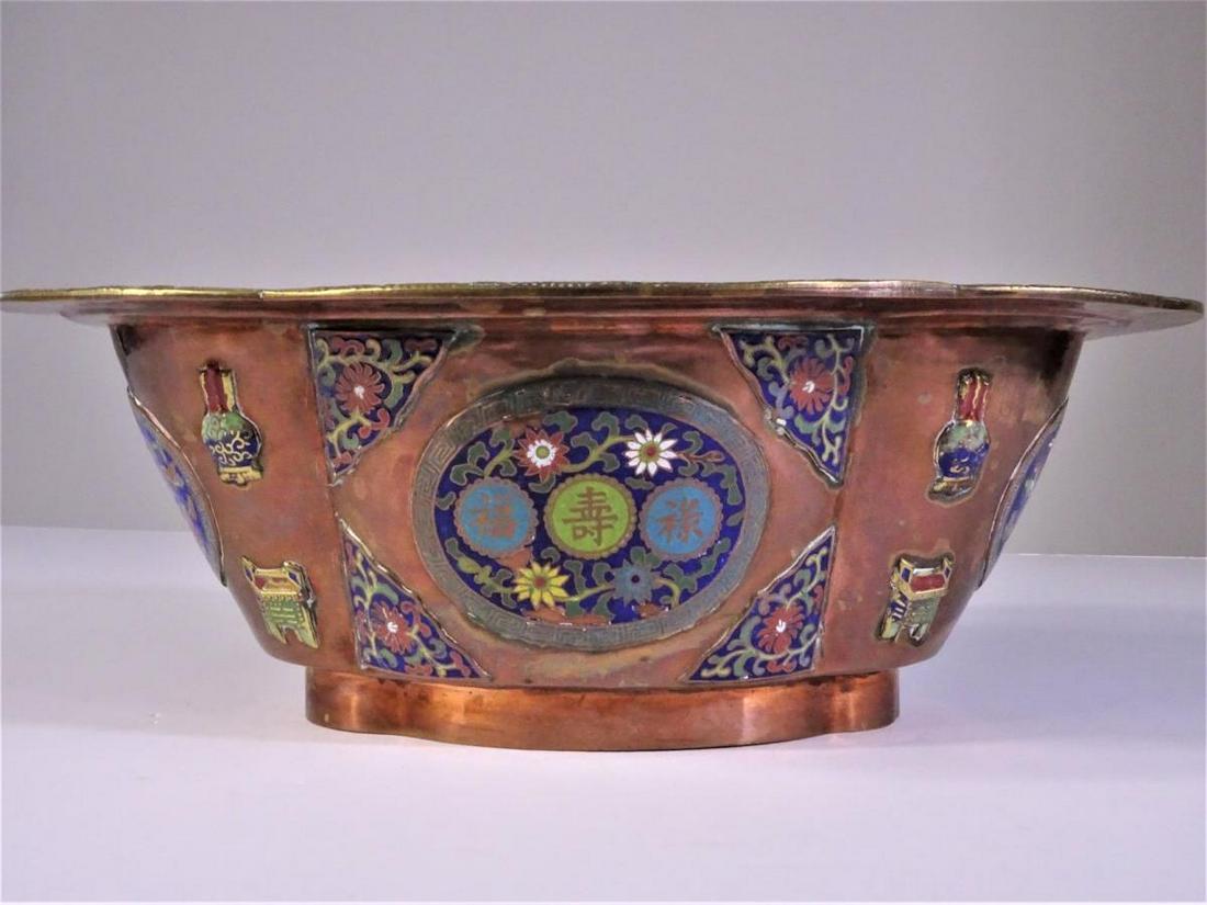 Chinese Cloisonné Copper Bowl: Size: 4 x 12 in. Please contact Eamon at Premier Shipping and Crating for a quote to pack and ship at 941-358-9999 or email at info@premiershipment.com