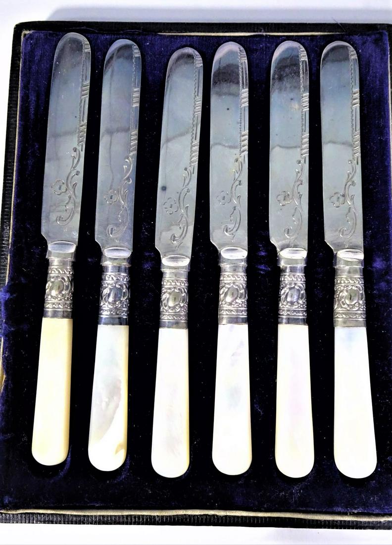 ca 1880's Antique Mother of Pearl Knife Set of 6: c1880s Antique Mother of Pearl Knive Set of 6 with custom felt box. Stamped EPNS. Silver plated collar and a mother-of-pearl handle. Box 8" x 6.5" Please contact Eamon at Premier Shipping and Crating 
