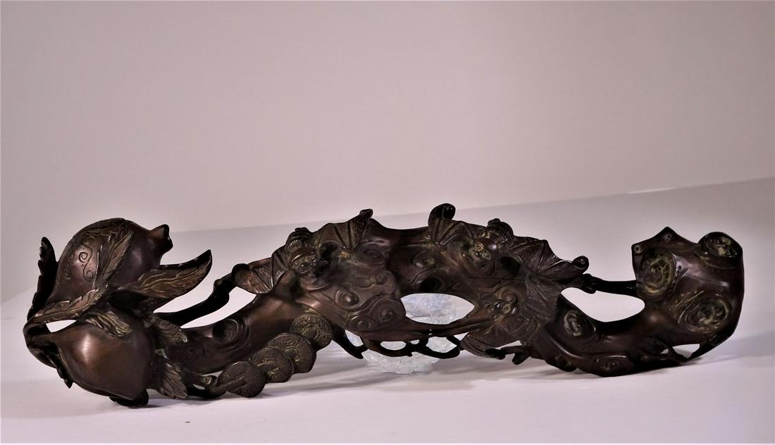 Chinese Wooden Carving w Bats and Pomegranates: Size: 17 in. Bats and pomegranates. Minor loss. Please contact Eamon at Premier Shipping and Crating for a quote to pack and ship at 941-358-9999 or email at info@premiershipment.com