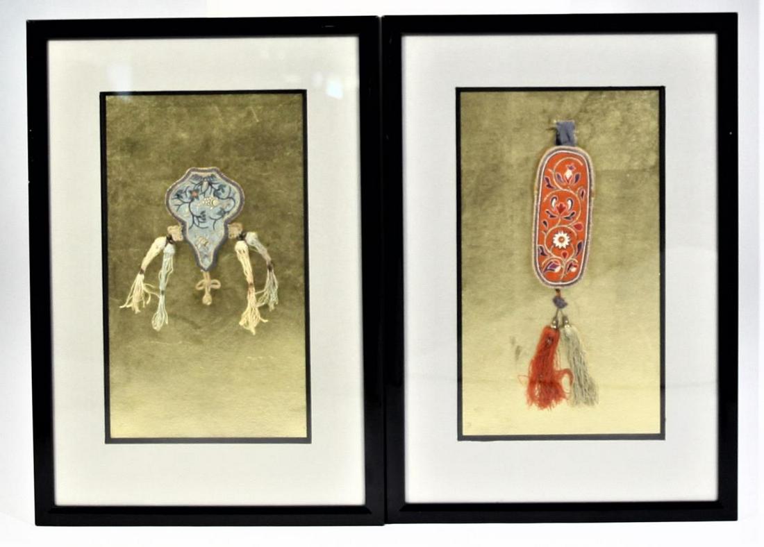 Pair of Chinese Silk Embroidered Aromatic Pouches: O size: 20.5 x 14 in. S size: 14 x 8 1/4 in. Please contact Eamon at Premier Shipping and Crating for a quote to pack and ship at 941-358-9999 or email at info@premiershipment.com