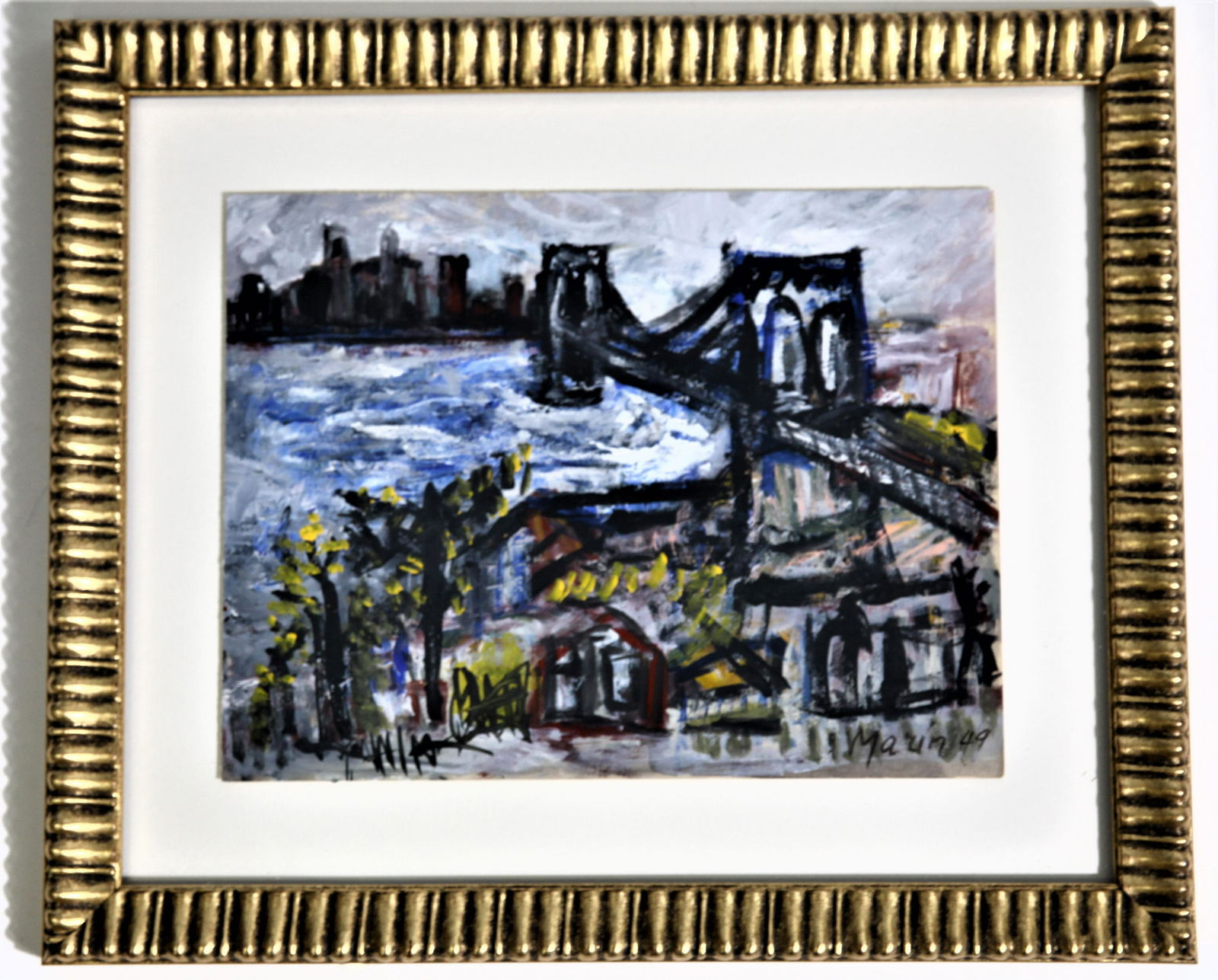 In the Style of John Marin (1870-1953) Oil: Oil on paper signed "Marin 49" in the lower right. The painting depicts the Brooklyn Bridge, a theme in many of his works in the early 1900's. This might be an authentic Marin, but we are not sure, an