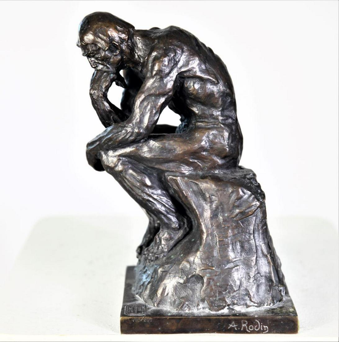 After Auguste Rodin Bronze Sculpture "The Thinker": After Auguste Rodin "The Thinker", signed A. Rodin on lower left portion of base, stamped with the foundry mark "CIRE C. Valsuani Perdue". Rodin was a French sculptor who is considered one of the fore