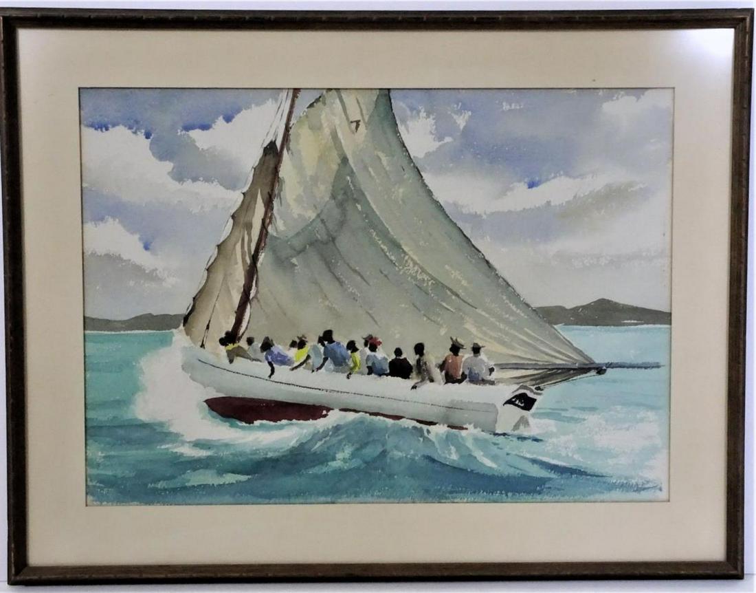 Follower of Winslow Homer, Bahamian Watercolor: Bahamian racing sloop. The overall size is 20 x 26 in. and the sight size is 14 x 20 in. Please contact Eamon at Premier Shipping and Crating for a quote to pack and ship at 941-358-9999 or email at i