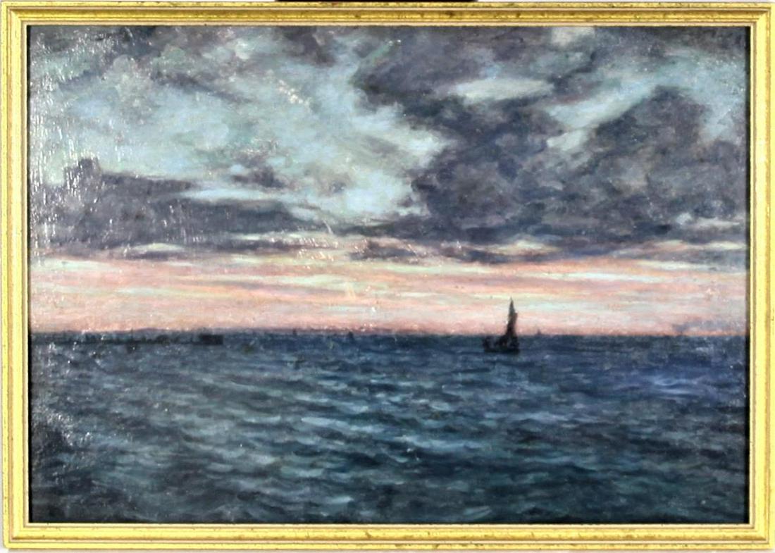 Herbert Dalziel, (English, 1853-1941), O / B: 19th C. English School, luminist seascape of sunset, oil on board. Dalziel studied at the West London School of Art and his early work shows the influence of the Pre-Raphaelites. By 1882, however, he 