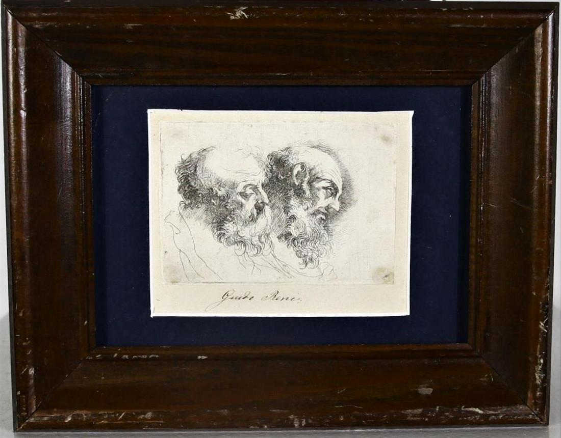 Guido Reni (1675-1642) Italian, Etching: Etching; study of two heads Inscribed in ink lower center; Guido Reni. S: 3 1/2 x 4 1/2 in. O: 7 1/2 x 9 1/4 in. Please contact Eamon at Premier Shipping and Crating for a quote to pack and ship at 94