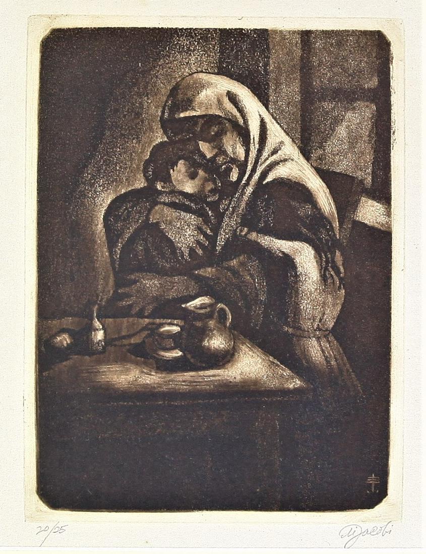 Eli Jacobi (1898 - 1984) Russian/American: Signed and monogrammed lithograph. Mother and Child. Numbered 20/25 LL. O: 17 x 14 1/4 S: 8 x 6 in. Please contact Eamon at Premier Shipping and Crating for a quote to pack and ship at 941-358-9999 or