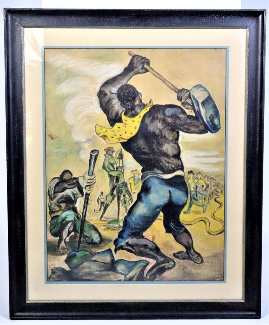 John Henry "Steel-Driving Man" 1930: This is a mixed media piece of John Henry, the Steel Drivin' Man. It's unsigned, from the WPA period of the 1930's. John Henry was an African American folk hero who was said to have possessed powers t