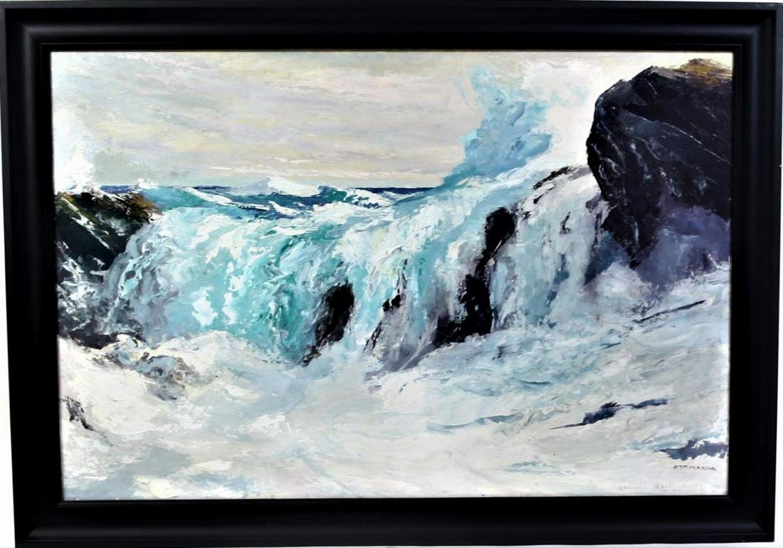 nWilliam M Hekking (American 1885-1970) Oil: This is an oil on masonite by William Matthews Hekking entitled "January at Lobster Cove, Monhegan" [Maine]. The label on the verso reads "Winter Xmas Cove - Monhegan" and the painting is signed "Wm.