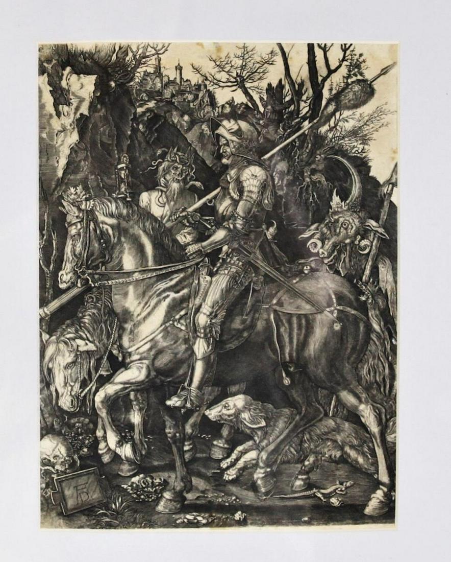 After Albrecht Durer ( 1471–1528) German Engraving: In German, this engraving by Albrecht Durer is called "Der Reuter", which means "the Rider". It is a 17th century engraving on laid paper, with a watermark on the back. The watermark is Heawood 649, w