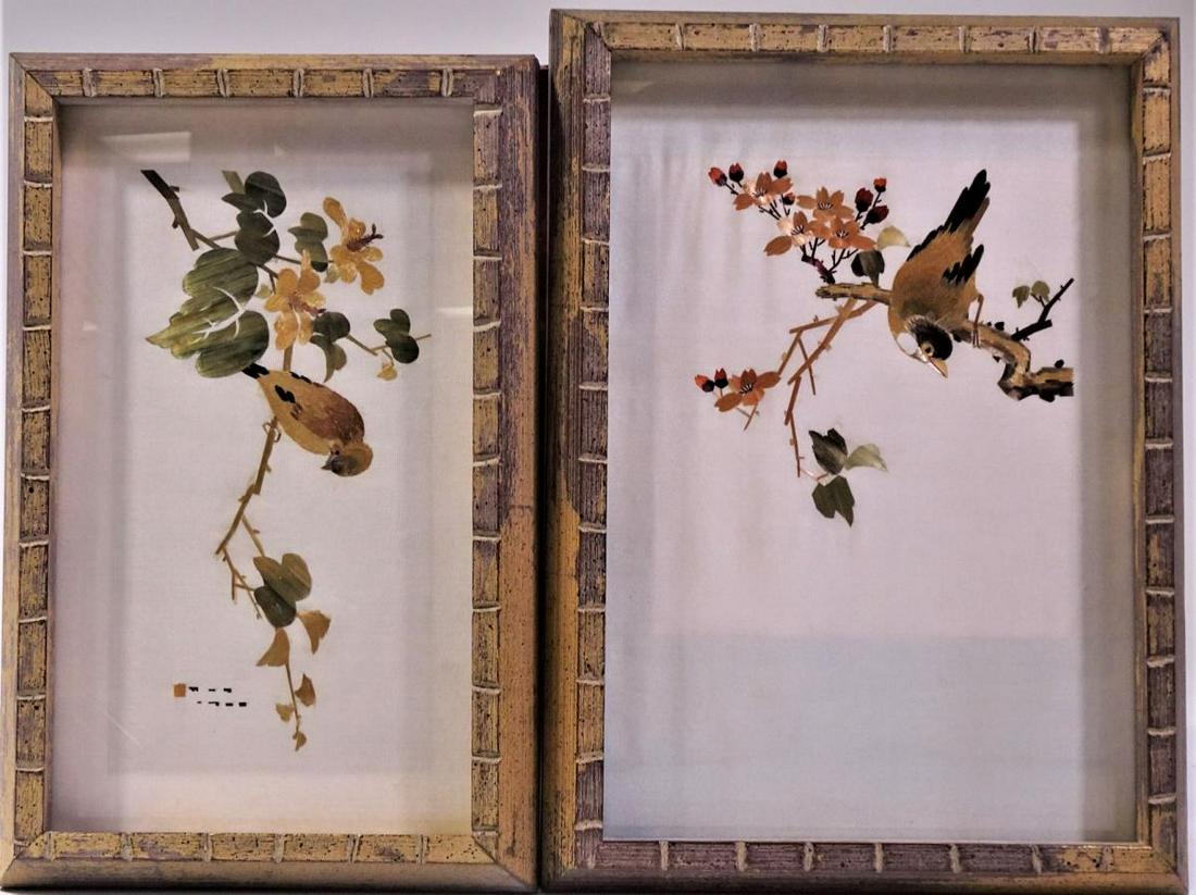 Pair of Chinese Bird & Flower Embroidered Scenes: Sizes:(pictured left): Overall: 11 1/4 x 7 1/4 in. Sight: 9 5/8 x 5 1/2 in. (pictured right): Overall: 12 x 8 3/4 in. Sight: 10 1/2 x 7 in.Please contact Eamon at Premier Shipping and Crating for a qu