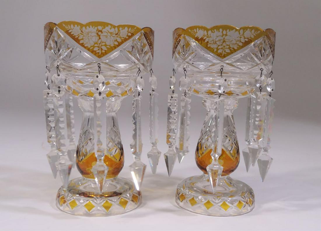 Pair of Bohemian Glass Prism Lusters: Clear to amber Size: 10H x 6W One 1 " diamond-end prism missing Please contact Eamon at Premier Shipping and Crating for a quote to pack and ship at 941-358-9999 or email at info@premiershipment.com