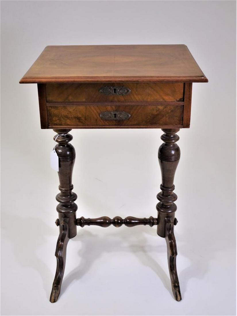 19th C Walnut Sewing Table: 19.5 x 16.5 x 28 in. Please contact Eamon at Premier Shipping and Crating for a quote to pack and ship at 941-358-9999 or email at info@premiershipment.com