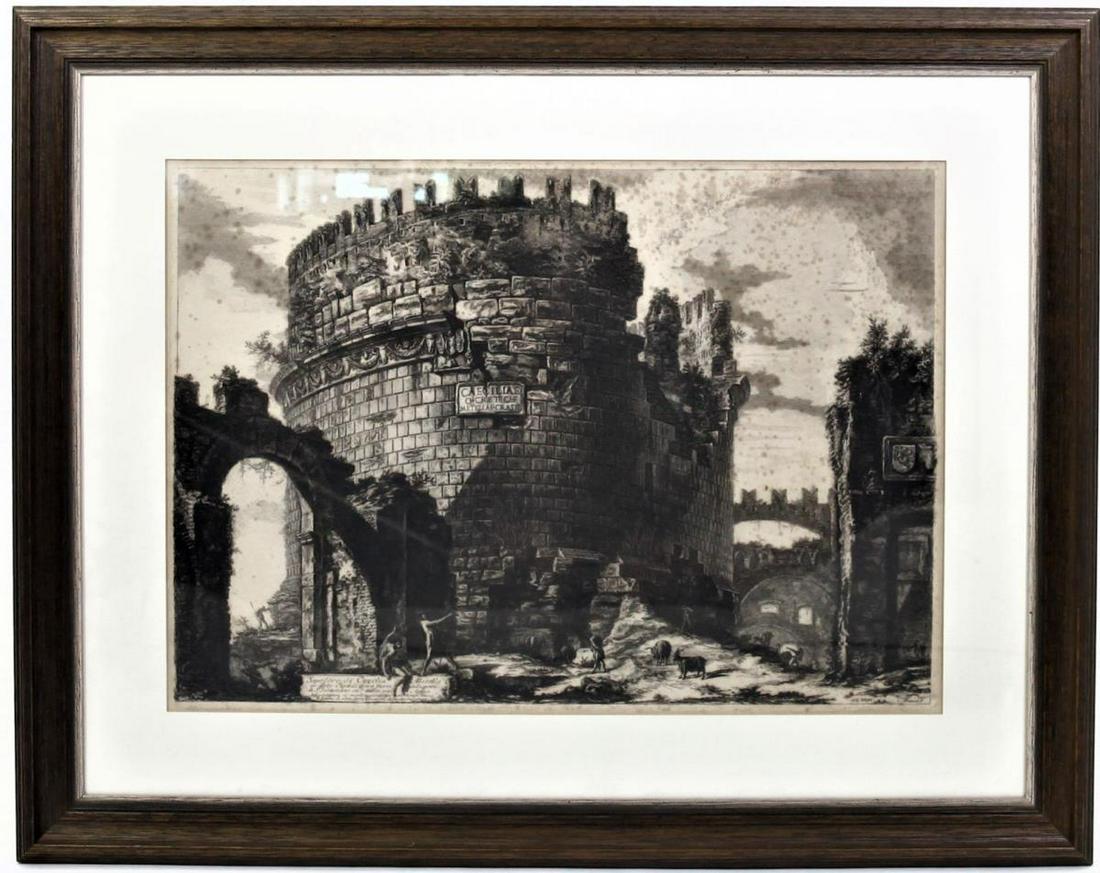 Giovanni Battista Piranesi (Italian 1720-1778): Sepolcro Di Cecilia Metella; 1762 Etching. S: 18 1/4 x 25 1/2 in. O: 28 x 35 1/2 in. Please contact Eamon at Premier Shipping and Crating for a quote to pack and ship at 941-358-9999 or email at info@
