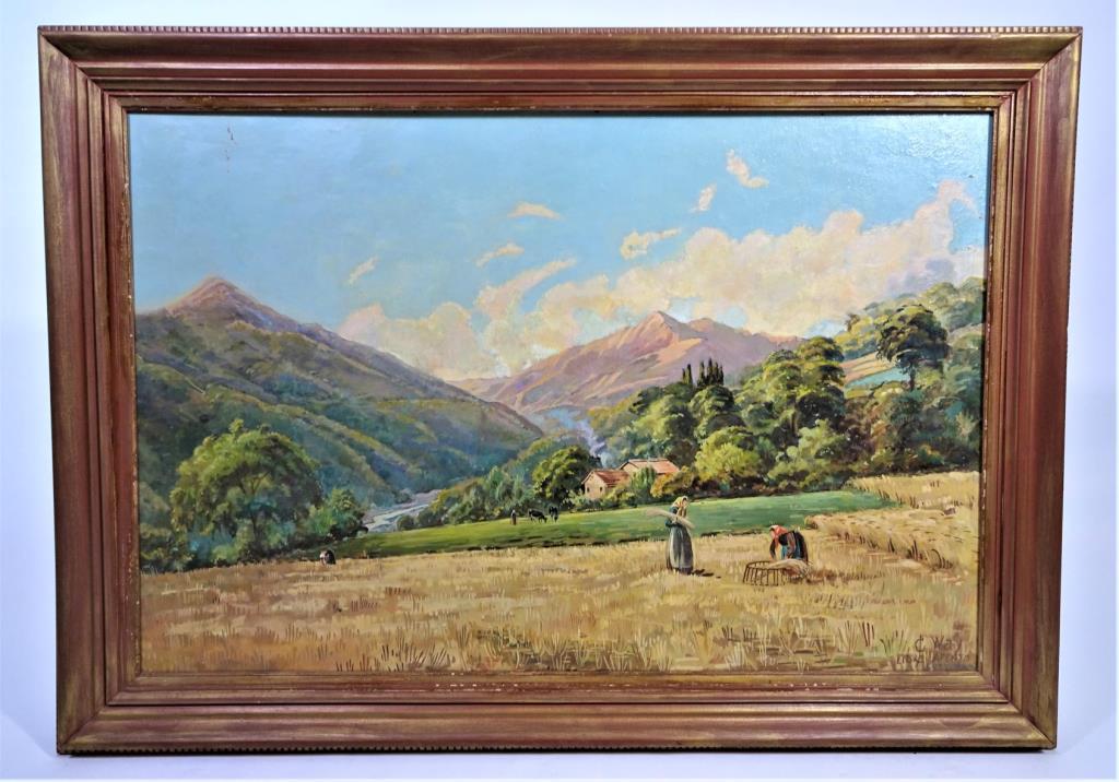 After Charles Jones Way (1835-1919) Oil on Board: Attr. to Charles Jones Way (1835-1919) oil on board. American-Canada. Two women working in the a wheat field. Signed lower right. Sight: 23 1/4 x 35 1/4 in. Overall: 29 1/2 x 41 1/2 in.