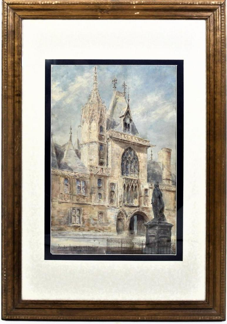 Evan De Lapeyriere (1907-1994) French: Palais Jacques Coeur Watercolor Signed; lower left and inscribed verso. S: 19 1/2 x 13 in. O: 33 1/2 x 23 1/2 in. Please contact Eamon at Premier Shipping and Crating for a quote to pack and ship at 9