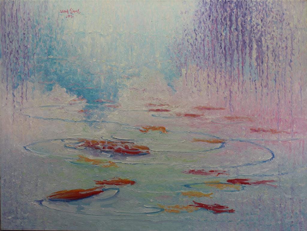 William Leon Stacks (1928 - 1991)"Water Spirits": William Leon Stacks (1928 - 1991) "Water Spirits". Oil on canvas. Signed lower left. Having vivid pastel colors depicting stylized fish in water. Unframed. Size: 30 x 40 in. His work is in the followi