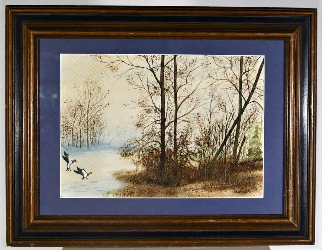 Signed, 20th C American Watercolor, Autumn Flight: Signed D. Wright. S: 10 x 14 1/2 in. O: 17 x 22 1/4 in. Please contact Eamon at Premier Shipping and Crating for a quote to pack and ship at 941-358-9999 or email at info@premiershipment.com