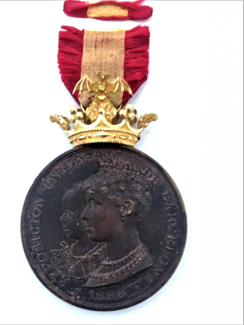 Bronze Medal, Exposicion Universal De Barcelona: Third place medal with images of Maria Cristina and Alfonso XIII on face, 1888, with heraldic 14K gold crown and ribbon, medal is 1 15/16" in diameter. Please contact Eamon at Premier Shipping and Cra