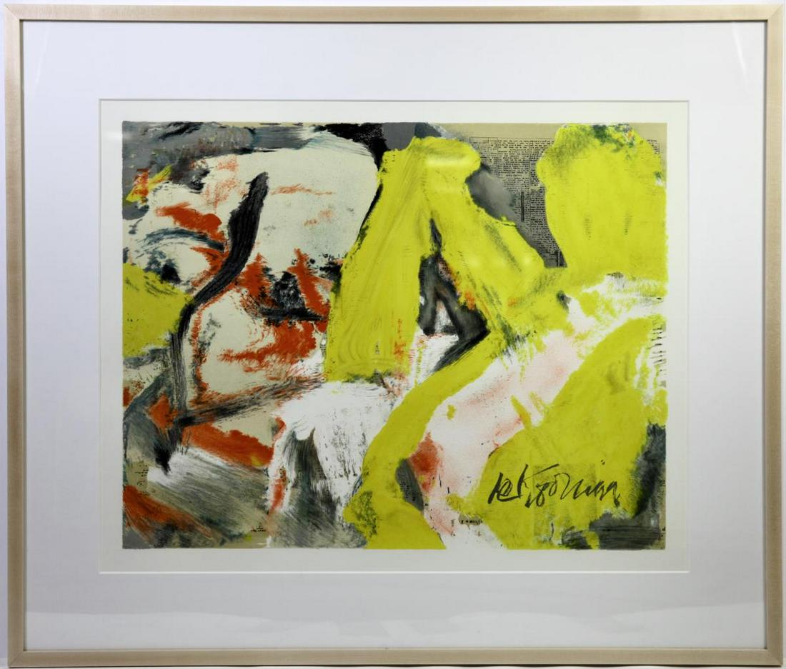 Willem de Kooning "The Man and the Big Blonde": 1982. Offset multi-color lithograph, on wove paper with full margins. Numbered 3 / 150 in pencil in the plate on the lower left, signed by de Kooning in the plate on the lower right. Published by The