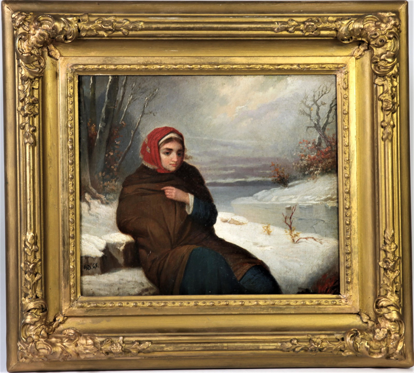 Henry Dawson (British 1811 - 1878) Oil on Canvas: This is an attractive winter landscape featuring a woman seated in the foreground dealing with the winter cold. It is signed "H D. 65." in the lower left, so we believe it was executed in 1865. Dawson