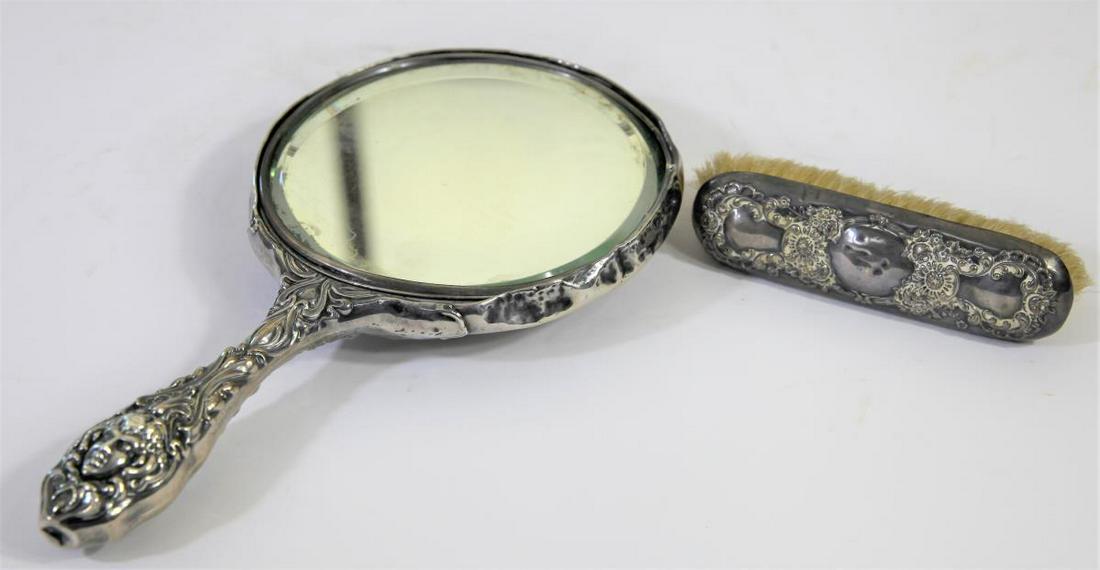 Antique Sterling Mirror and Brush: Brush Size: 1 1/2 x 5 in. Mirror Size: 10 x 5 1/2 in.