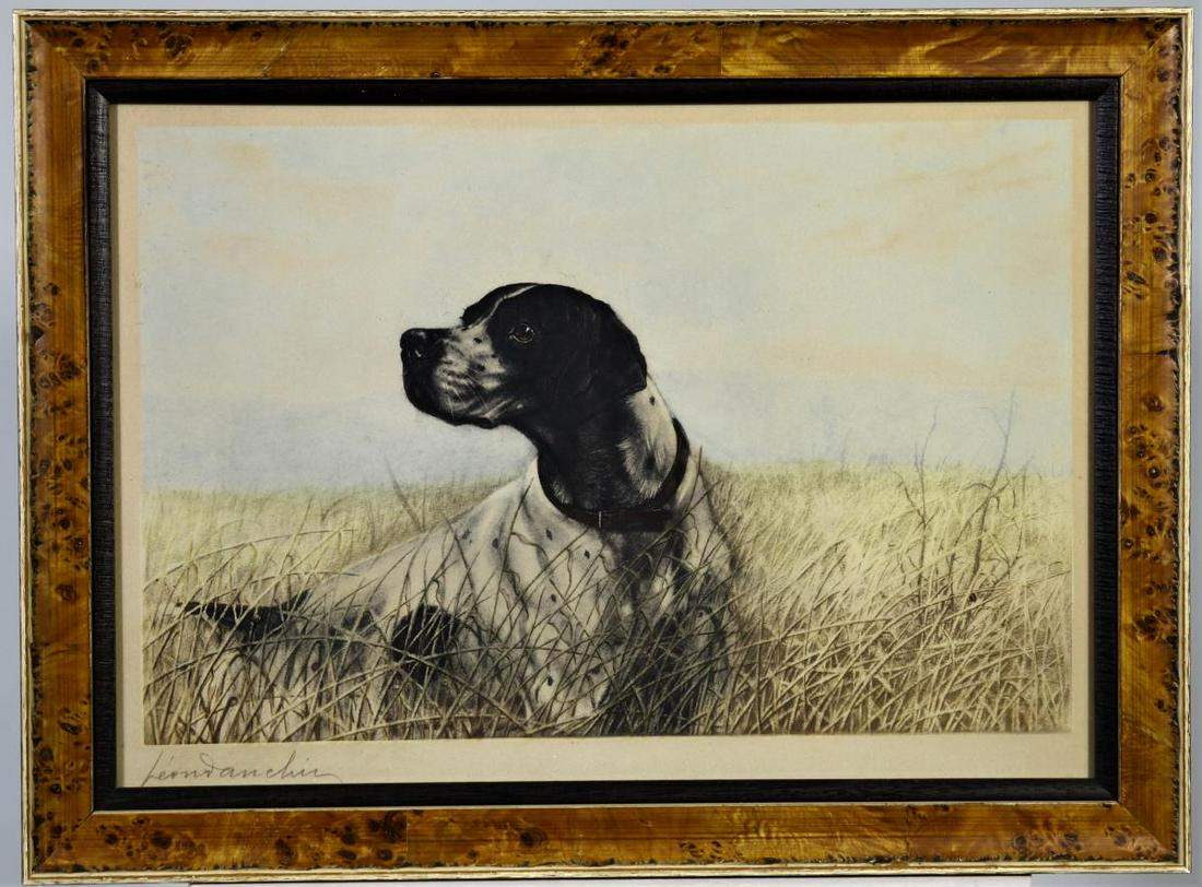 Leon Danchin (French 1887-1939) Pointer: This lithograph was done by Leon Danchin, a French artist known for his drawings of animals, especially sporting dogs. The lithograph here depicts a pointer in a field of grass and is signed in the lo