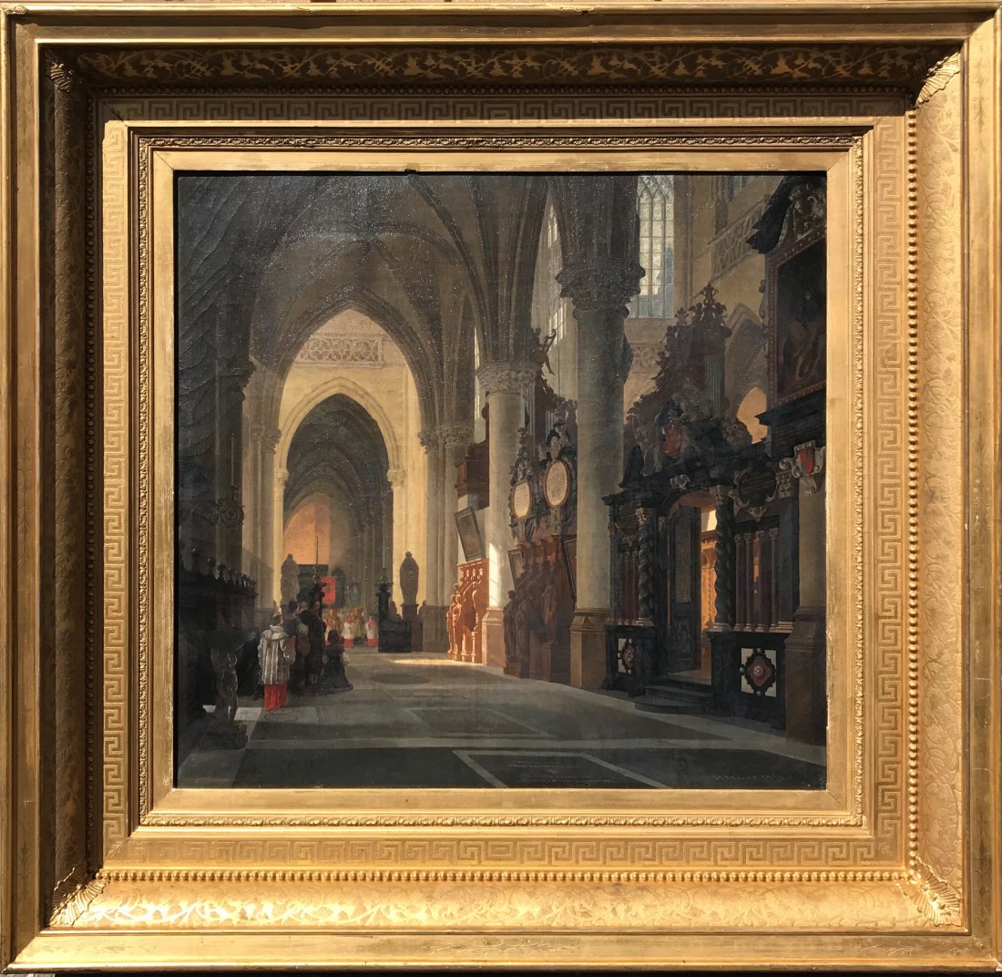 Heinrich Anton Heger (1832-1888), German, O/C: Oil on Canvas. Signed and dated 1873 in lower right. Heinrich Heger was a German or Danish artist who usually depicted interior scenes of churches and castles with a Baroque style. You can see that in